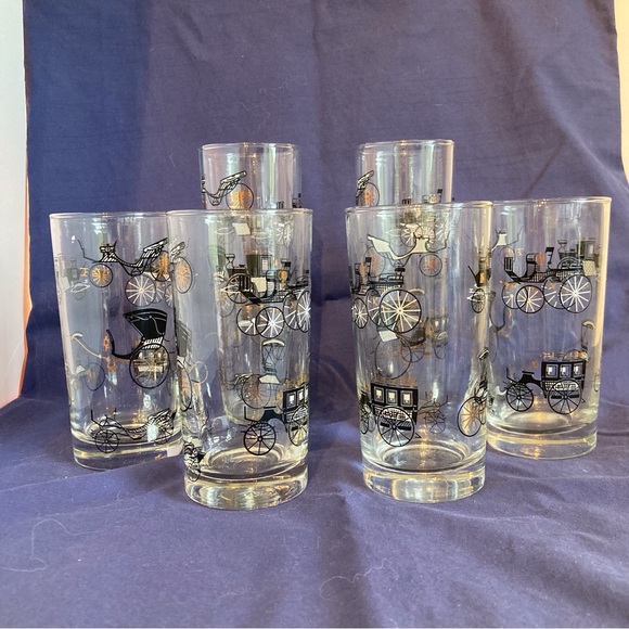 Set Of 6 Vintage Bar Glasses, Buggy, Horse Carriage, MCM Glassware, Barware - Picture 4 of 7